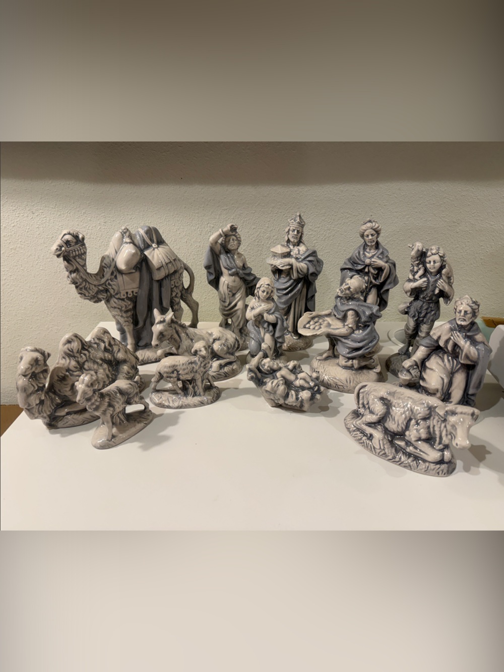 Ceramic Nativity Figurine Set in Cream and Gray - Elegant Holiday Display